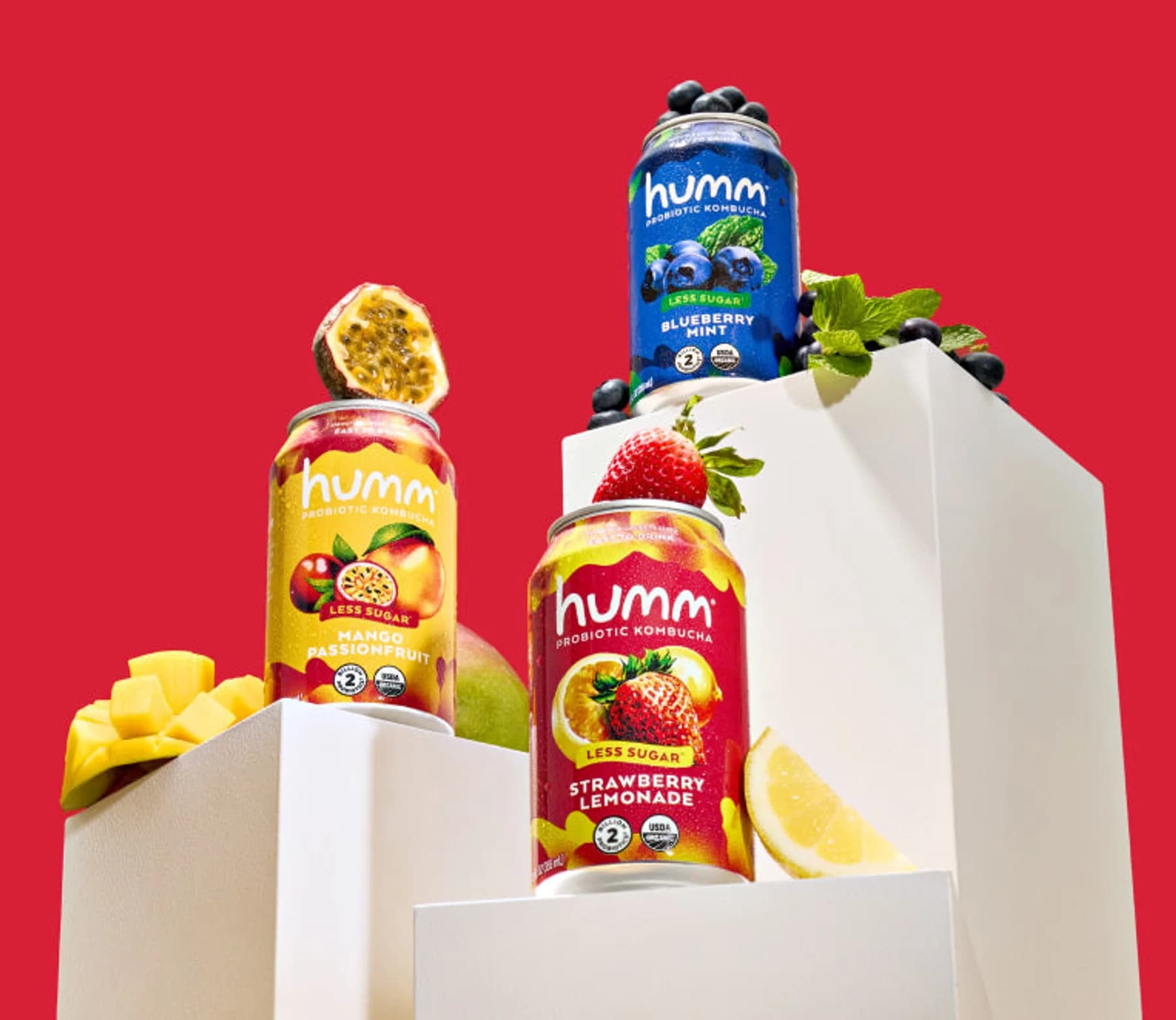 Humm Kombucha cans with fresh fruit against a bright red background
