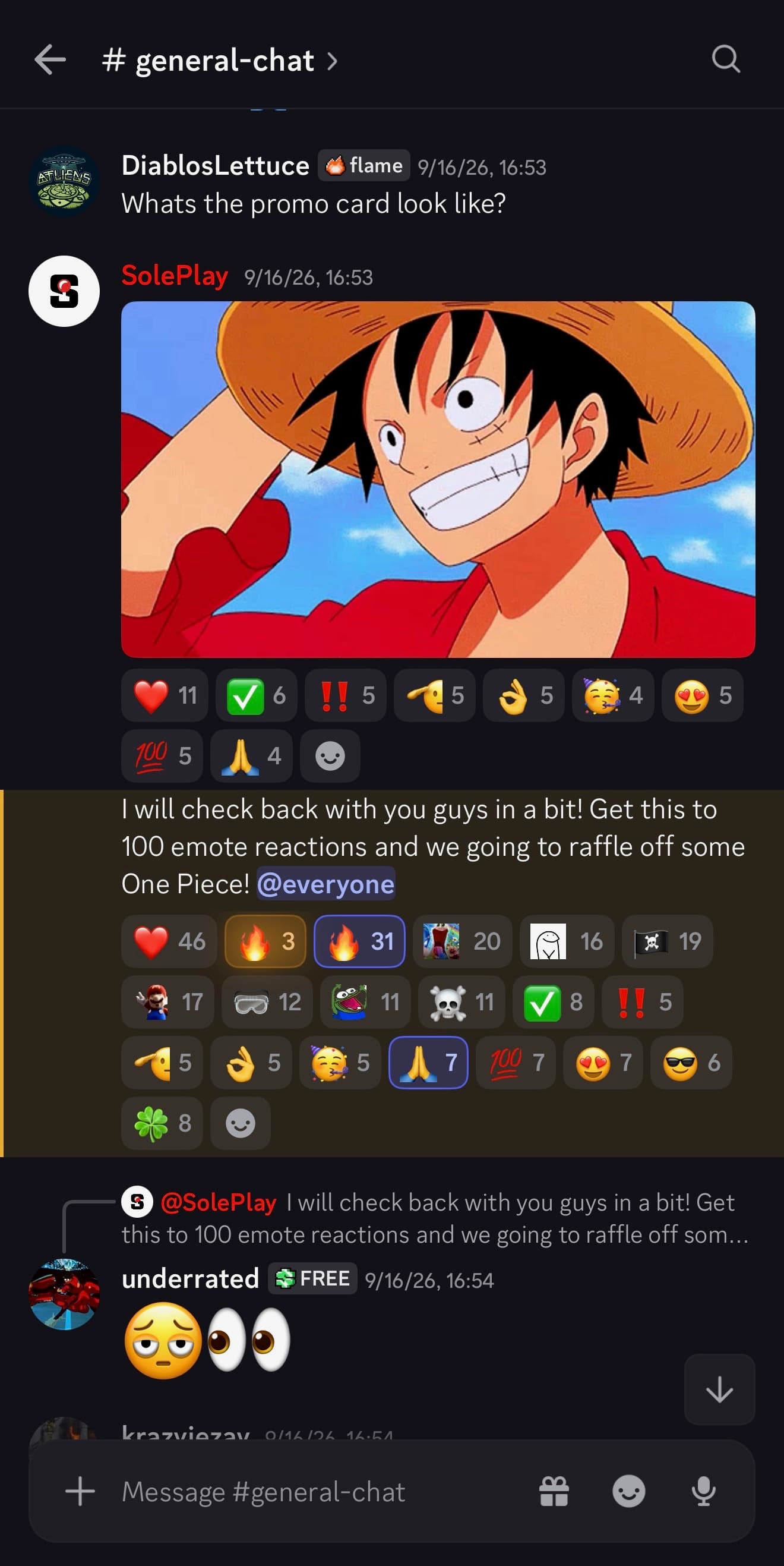 Sole Play shares Luffy and teases a One Piece raffle in Discord’s general-chat; fans respond with hearts, fire and excited emoji reactions