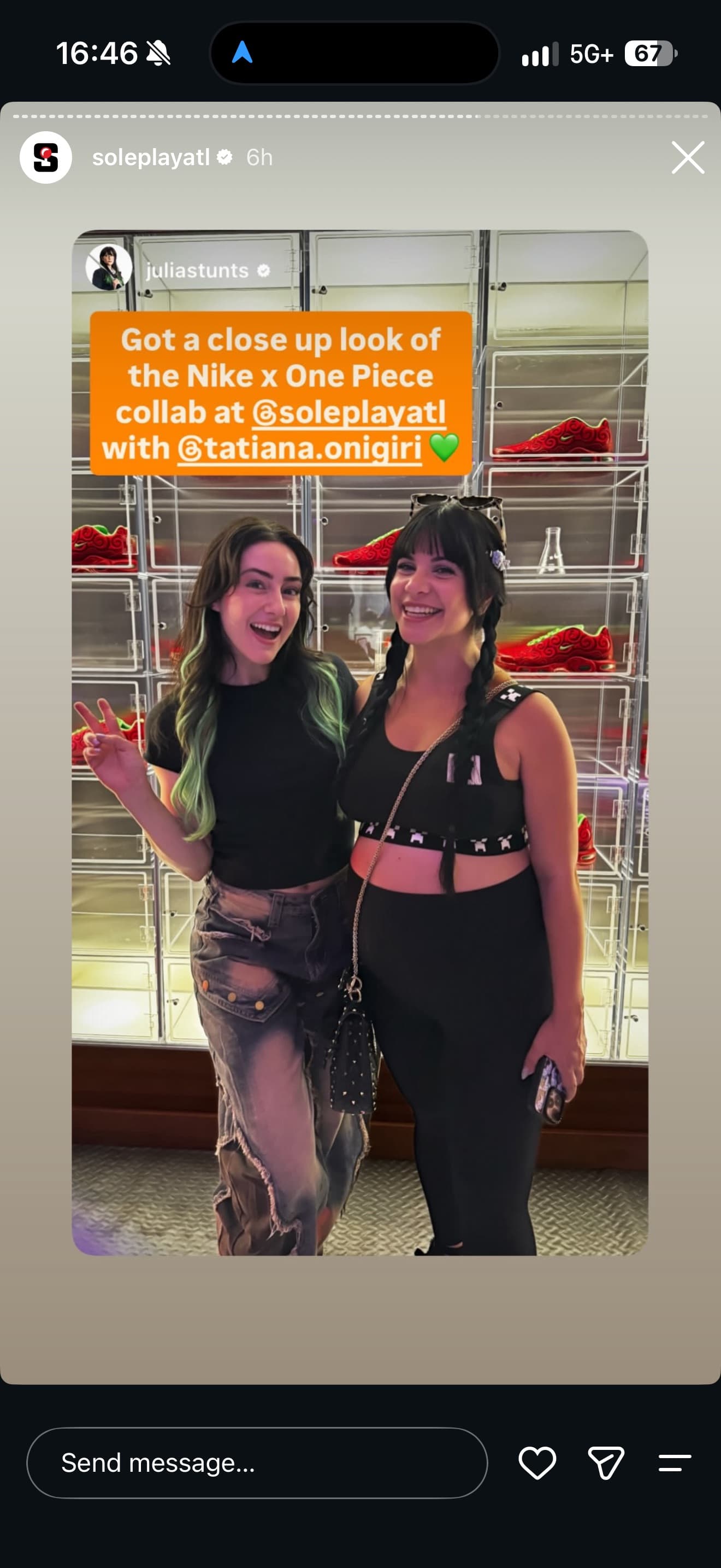 Sole Play’s Instagram repost of juliastunts and tatiana.onigiri visiting the Nike × One Piece installation