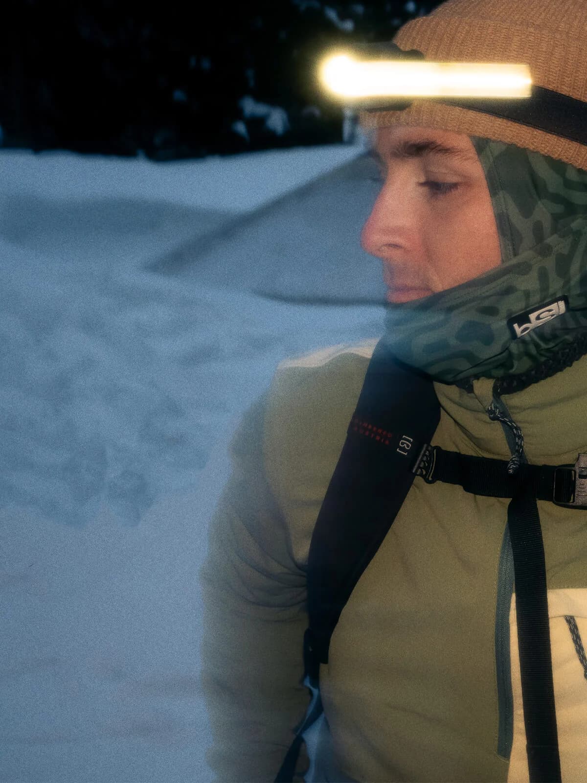 Backcountry skier wearing BlackStrap gear