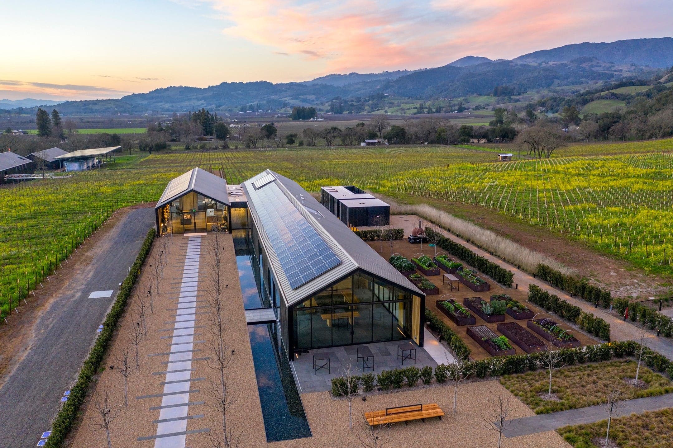 Silver Oak Alexander Valley winery aerial view showing iconic water tower and facilities